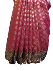 SMSAREE Pink Designer Wedding Partywear Georgette Stone & Zari Hand Embroidery Work Bridal Saree Sari With Blouse Piece E535