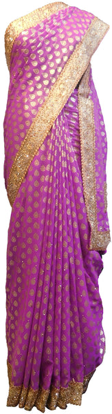 SMSAREE Violet Designer Wedding Partywear Georgette Stone & Zari Hand Embroidery Work Bridal Saree Sari With Blouse Piece E536
