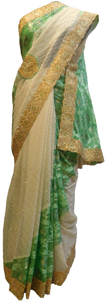 SMSAREE Green & Cream Designer Wedding Partywear Brasso Stone & Zari Hand Embroidery Work Bridal Saree Sari With Blouse Piece E537