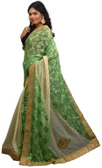 SMSAREE Green & Cream Designer Wedding Partywear Brasso Stone & Zari Hand Embroidery Work Bridal Saree Sari With Blouse Piece E537