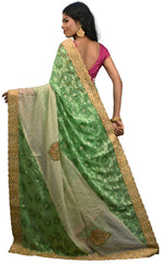 SMSAREE Green & Cream Designer Wedding Partywear Brasso Stone & Zari Hand Embroidery Work Bridal Saree Sari With Blouse Piece E537