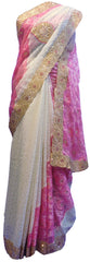SMSAREE Pink & Cream Designer Wedding Partywear Brasso Stone & Zari Hand Embroidery Work Bridal Saree Sari With Blouse Piece E538