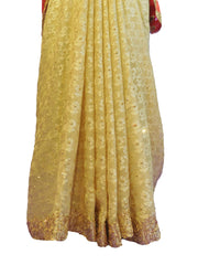 SMSAREE Red & Cream Designer Wedding Partywear Brasso Stone & Zari Hand Embroidery Work Bridal Saree Sari With Blouse Piece E539