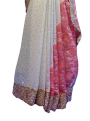 SMSAREE Pink & Cream Designer Wedding Partywear Brasso Stone & Zari Hand Embroidery Work Bridal Saree Sari With Blouse Piece E541
