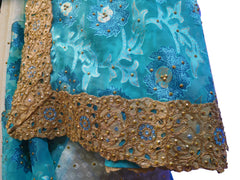 SMSAREE Turquoise & Cream Designer Wedding Partywear Brasso Stone & Zari Hand Embroidery Work Bridal Saree Sari With Blouse Piece E542