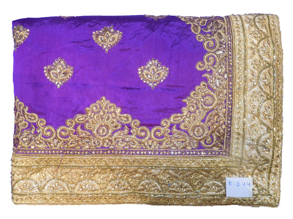 SMSAREE Purple & Cream Designer Wedding Partywear Silk Cutdana Stone & Zari Hand Embroidery Work Bridal Saree Sari With Blouse Piece E544