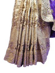 SMSAREE Purple & Cream Designer Wedding Partywear Silk Cutdana Stone & Zari Hand Embroidery Work Bridal Saree Sari With Blouse Piece E544