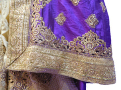 SMSAREE Purple & Cream Designer Wedding Partywear Silk Cutdana Stone & Zari Hand Embroidery Work Bridal Saree Sari With Blouse Piece E544