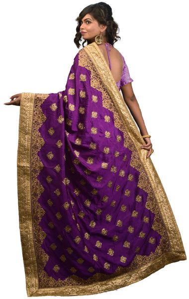 SMSAREE Purple & Cream Designer Wedding Partywear Silk Cutdana Stone & Zari Hand Embroidery Work Bridal Saree Sari With Blouse Piece E544
