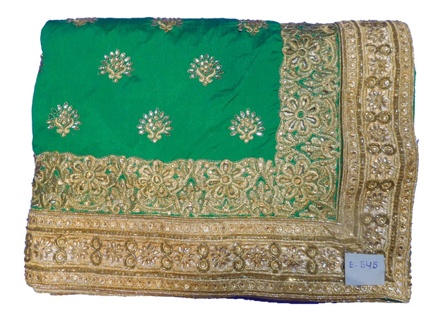 SMSAREE Green & Cream Designer Wedding Partywear Silk Cutdana Stone & Zari Hand Embroidery Work Bridal Saree Sari With Blouse Piece E545
