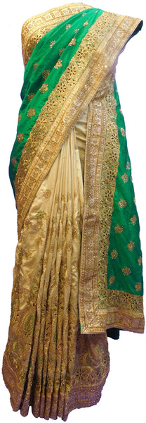 SMSAREE Green & Cream Designer Wedding Partywear Silk Cutdana Stone & Zari Hand Embroidery Work Bridal Saree Sari With Blouse Piece E545