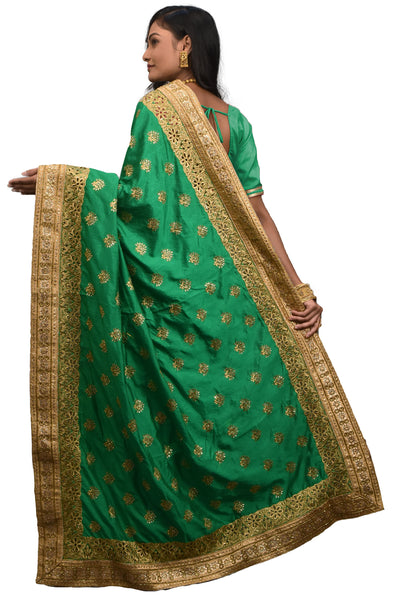 SMSAREE Green & Cream Designer Wedding Partywear Silk Cutdana Stone & Zari Hand Embroidery Work Bridal Saree Sari With Blouse Piece E545