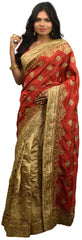 SMSAREE Red & Cream Designer Wedding Partywear Silk Cutdana Stone & Zari Hand Embroidery Work Bridal Saree Sari With Blouse Piece E546