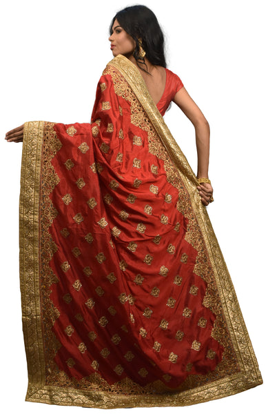 SMSAREE Red & Cream Designer Wedding Partywear Silk Cutdana Stone & Zari Hand Embroidery Work Bridal Saree Sari With Blouse Piece E546
