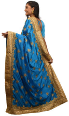 SMSAREE Blue & Cream Designer Wedding Partywear Silk Cutdana Stone & Zari Hand Embroidery Work Bridal Saree Sari With Blouse Piece E547