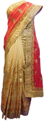 SMSAREE Red & Cream Designer Wedding Partywear Silk Cutdana Stone & Zari Hand Embroidery Work Bridal Saree Sari With Blouse Piece E548