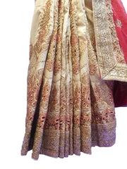 SMSAREE Red & Cream Designer Wedding Partywear Silk Cutdana Stone & Zari Hand Embroidery Work Bridal Saree Sari With Blouse Piece E548