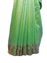 SMSAREE Green Designer Wedding Partywear Silk Cutdana Stone Thread Zari Sequence Beads & Bullion Hand Embroidery Work Bridal Saree Sari With Blouse Piece E549