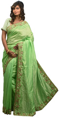 SMSAREE Green Designer Wedding Partywear Silk Cutdana Stone Thread Zari Sequence Beads & Bullion Hand Embroidery Work Bridal Saree Sari With Blouse Piece E549
