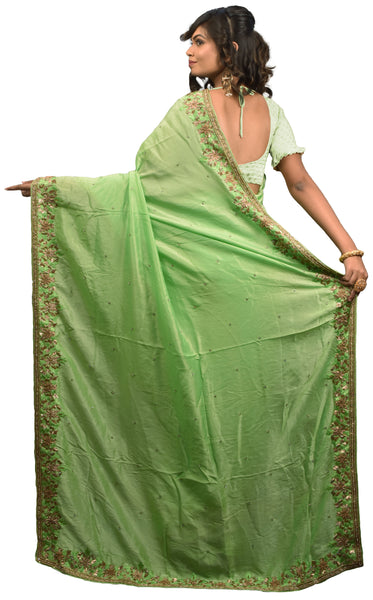 SMSAREE Green Designer Wedding Partywear Silk Cutdana Stone Thread Zari Sequence Beads & Bullion Hand Embroidery Work Bridal Saree Sari With Blouse Piece E549