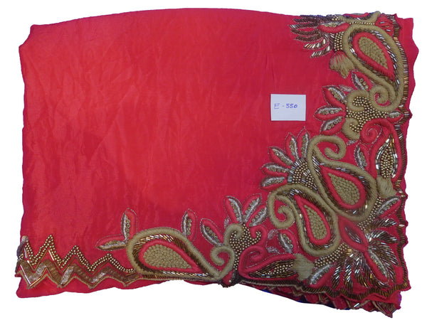 SMSAREE Pink Designer Wedding Partywear Crepe (Chinon) Cutdana Thread Sequence & Beads Hand Embroidery Work Bridal Saree Sari With Blouse Piece E550