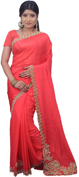 SMSAREE Pink Designer Wedding Partywear Crepe (Chinon) Cutdana Thread Sequence & Beads Hand Embroidery Work Bridal Saree Sari With Blouse Piece E550