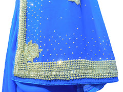 SMSAREE Blue Designer Wedding Partywear Georgette Cutdana Stone Zari & Beads Hand Embroidery Work Bridal Saree Sari With Blouse Piece E551