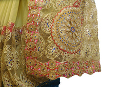 SMSAREE Blue & Cream Designer Wedding Partywear Silk & Net Stone Thread Sequence & Zari Hand Embroidery Work Bridal Saree Sari With Blouse Piece E552