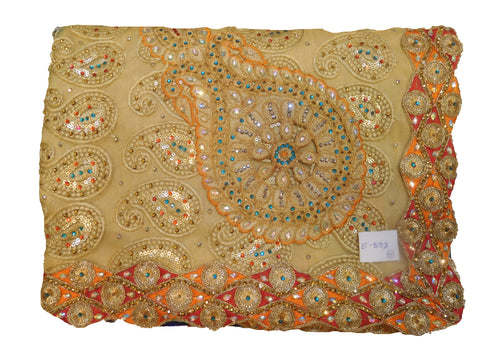 SMSAREE Turquoise & Cream Designer Wedding Partywear Silk & Net Stone Thread Sequence & Zari Hand Embroidery Work Bridal Saree Sari With Blouse Piece E553