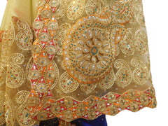 SMSAREE Turquoise & Cream Designer Wedding Partywear Silk & Net Stone Thread Sequence & Zari Hand Embroidery Work Bridal Saree Sari With Blouse Piece E553