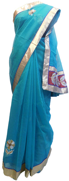 Turquoise Designer PartyWear Pure Supernet (Cotton) Gota Thread Work Saree Sari With Grey Border E554