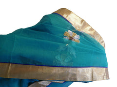 Turquoise Designer PartyWear Pure Supernet (Cotton) Gota Thread Work Saree Sari With Grey Border E554