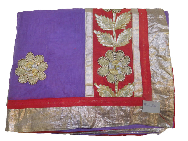 Violet Designer PartyWear Pure Supernet (Cotton) Gota Thread Work Saree Sari With Grey Border E556