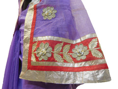 Violet Designer PartyWear Pure Supernet (Cotton) Gota Thread Work Saree Sari With Grey Border E556