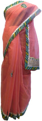 Peach Designer PartyWear Pure Supernet (Cotton) Gota Thread Work Saree Sari With Grey Border E557