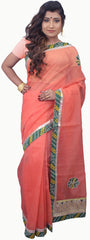 Peach Designer PartyWear Pure Supernet (Cotton) Gota Thread Work Saree Sari With Grey Border E557