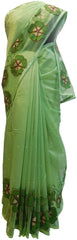 SMSAREE Green Designer Wedding Partywear Supernet (Cotton) Mirror Thread & Pearl Hand Embroidery Work Bridal Saree Sari With Blouse Piece E558