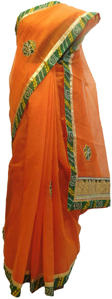 Orange Designer PartyWear Pure Supernet (Cotton) Thread Gota Work Kolkata Saree Sari E560