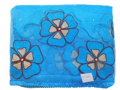 SMSAREE Blue Designer Wedding Partywear Supernet (Cotton) Mirror Thread & Pearl Hand Embroidery Work Bridal Saree Sari With Blouse Piece E566