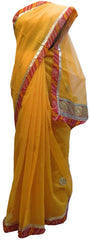 Yellow Designer PartyWear Pure Supernet (Cotton) Thread Gota Work Kolkata Saree Sari E569