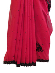 SMSAREE Red Designer Wedding Partywear Georgette Thread & Stone  Hand Embroidery Work Bridal Saree Sari With Blouse Piece E571
