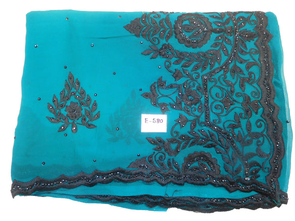 SMSAREE Turquoise Designer Wedding Partywear Georgette Thread & Stone  Hand Embroidery Work Bridal Saree Sari With Blouse Piece E580