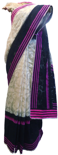 SMSAREE Cream & Black Designer Wedding Partywear Supernet (Cotton) Thread & Pearl Hand Embroidery Work Bridal Saree Sari With Blouse Piece E584
