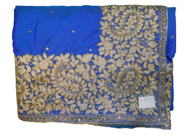 SMSAREE Blue Designer Wedding Partywear Silk Cutdana Stone & Zari Hand Embroidery Work Bridal Saree Sari With Blouse Piece E587