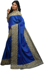 SMSAREE Blue Designer Wedding Partywear Silk Cutdana Stone & Zari Hand Embroidery Work Bridal Saree Sari With Blouse Piece E587