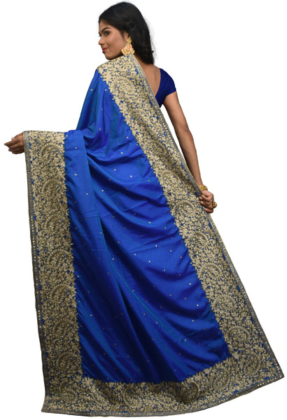 SMSAREE Blue Designer Wedding Partywear Silk Cutdana Stone & Zari Hand Embroidery Work Bridal Saree Sari With Blouse Piece E587