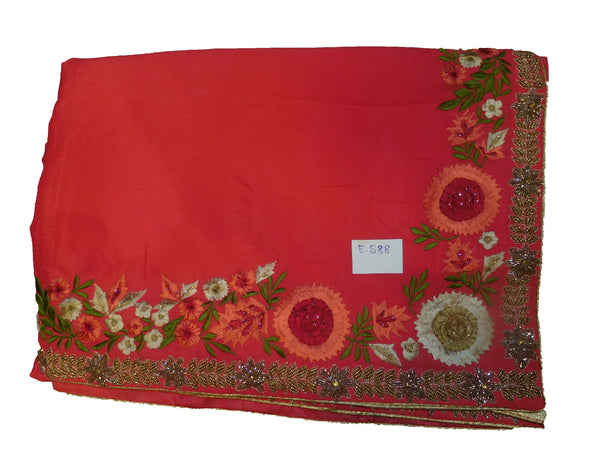 SMSAREE Pink Designer Wedding Partywear Crepe (Chinon) Cutdana Stone Thread & Beads Hand Embroidery Work Bridal Saree Sari With Blouse Piece E588