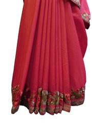 SMSAREE Pink Designer Wedding Partywear Crepe (Chinon) Cutdana Stone Thread & Beads Hand Embroidery Work Bridal Saree Sari With Blouse Piece E588