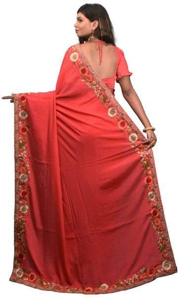 SMSAREE Pink Designer Wedding Partywear Crepe (Chinon) Cutdana Stone Thread & Beads Hand Embroidery Work Bridal Saree Sari With Blouse Piece E588