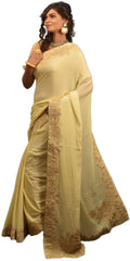 SMSAREE Cream Designer Wedding Partywear Crepe (Chinon) Thread & Stone  Hand Embroidery Work Bridal Saree Sari With Blouse Piece E589